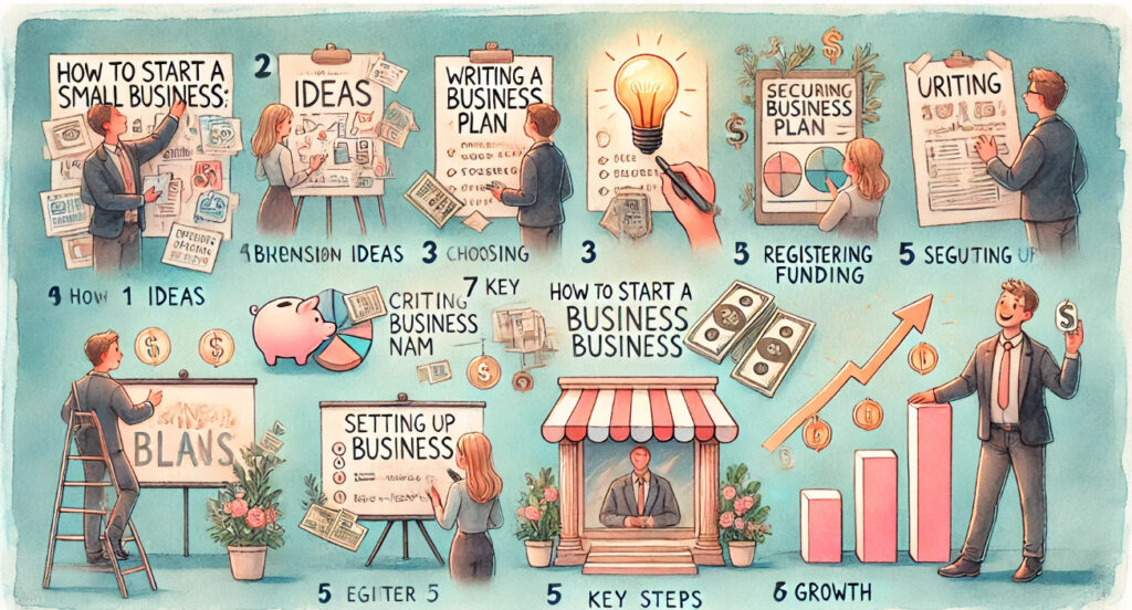 A watercolor painting in a modern, soft illustrative style titled 'How to Start a Small Business: 7 Key Steps'.